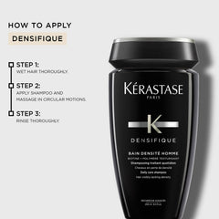 Kérastase densifique shampoo for men in a black bottle with directions for use on applying shampoo.