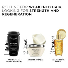 Densifique Homme shampoo bottle shown in a hair strength routine layout