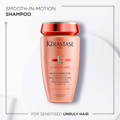 Kérastase Discipline sulfate-free shampoo in a pink bottle for smooth, manageable hair
