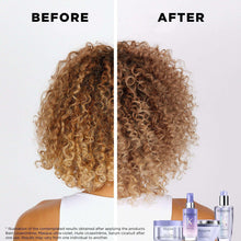 Hair serum bottles shown with before-and-after curly hair split panel