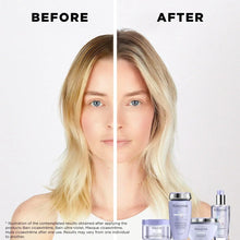 Hair serum bottles shown with before-and-after blonde hair split panel