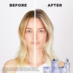 Before and after showing results from Kerastase hair serum for blonde hair with visible shine and smoothness