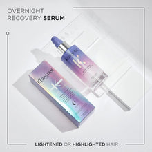 Overnight recovery hair serum box and bottle set with purple cap and nozzle