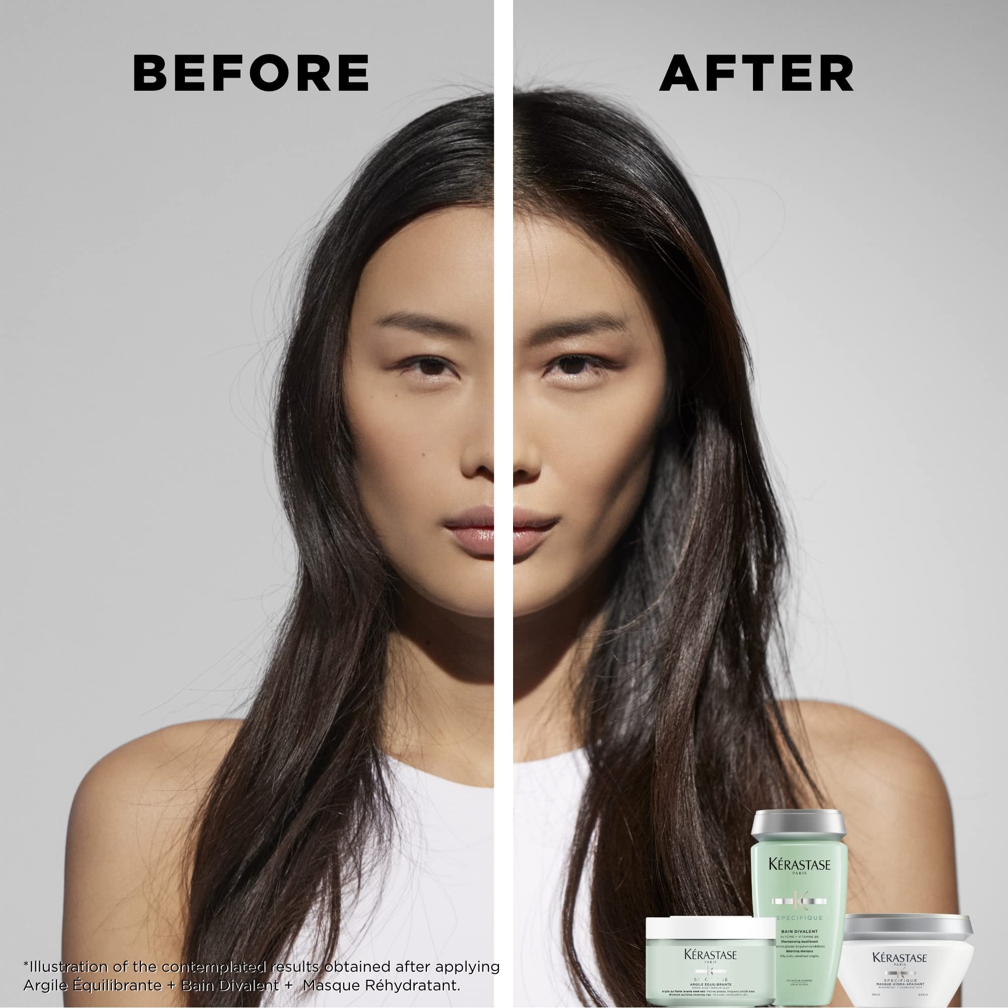 Before and after results using Kerastase hydrating hair mask for smooth, hydrated hair