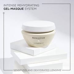 Kerastase hydrating hair mask in a cream jar, perfect for sensitized and dehydrated hair.