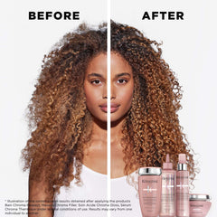Before and after results using Kerastase products, showcasing moisturizing shampoo for color-treated hair effectiveness
