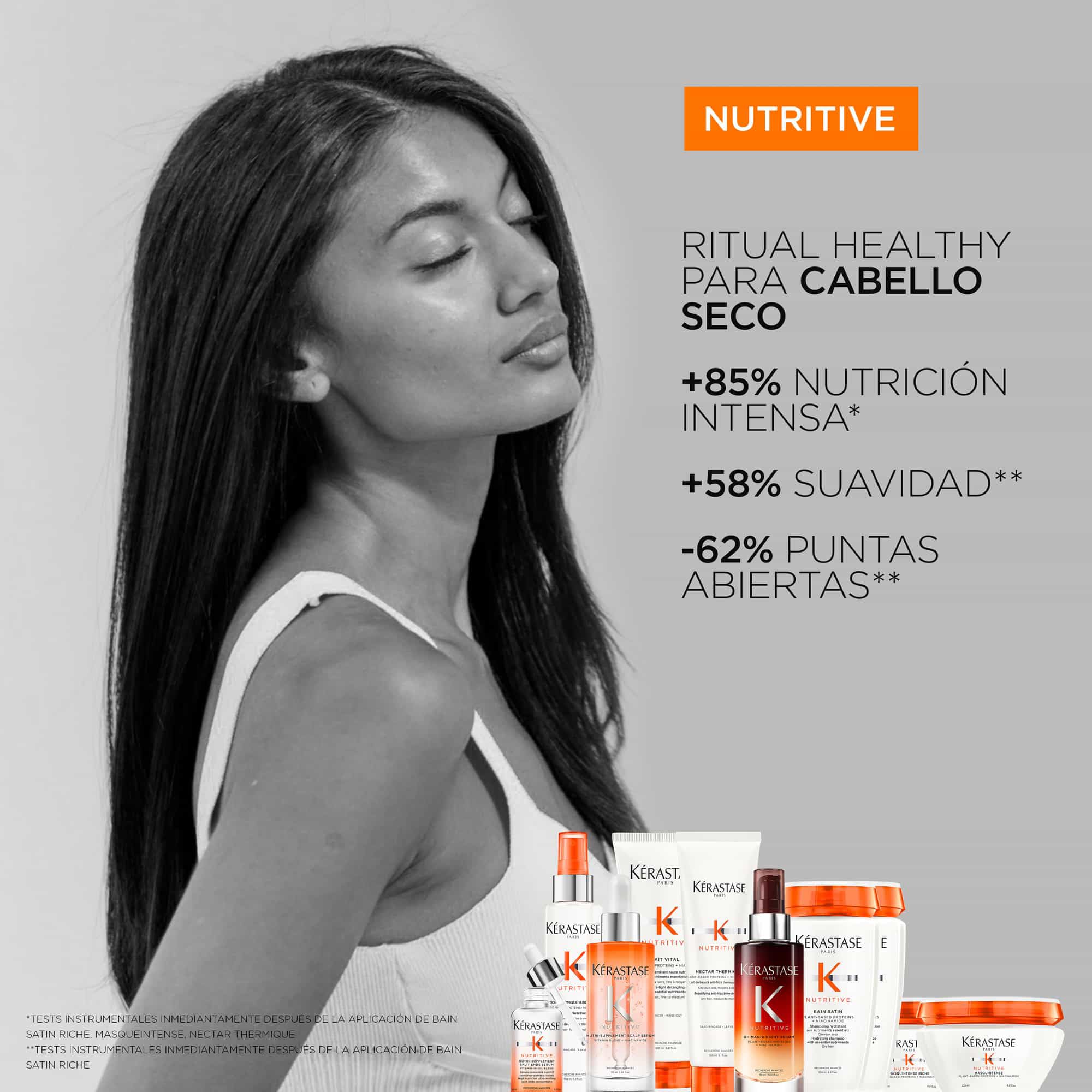 Kérastase Nutritive Lait Vital conditioner with model showcasing healthy, shiny hair for intense nourishment