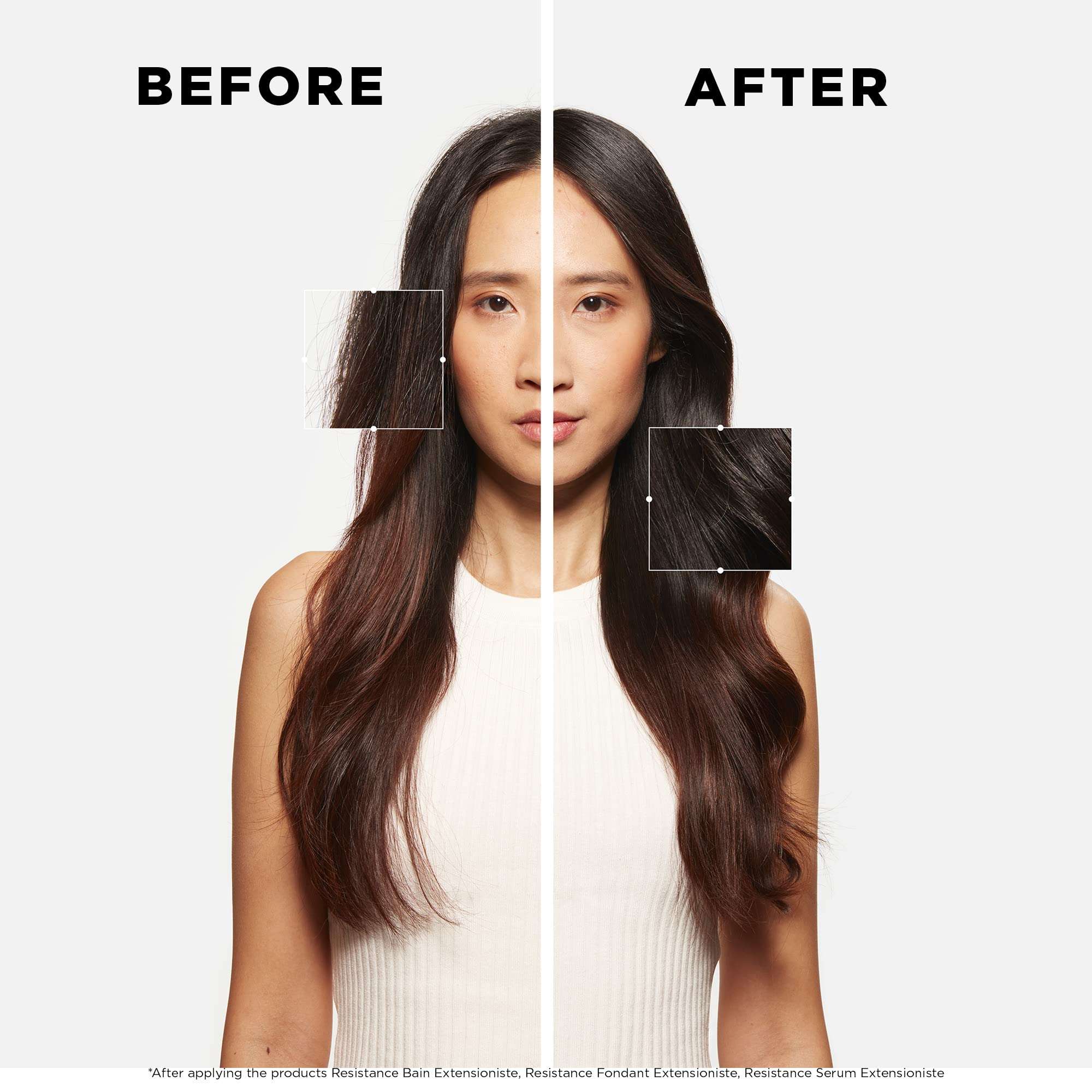 Before and after results using Kérastase Resistance Extensionist conditioner UAE on long, shiny hair