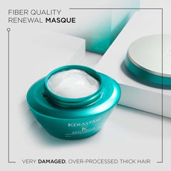 Kérastase Resistance hair mask in teal jar designed for very damaged, over-processed thick hair restoration