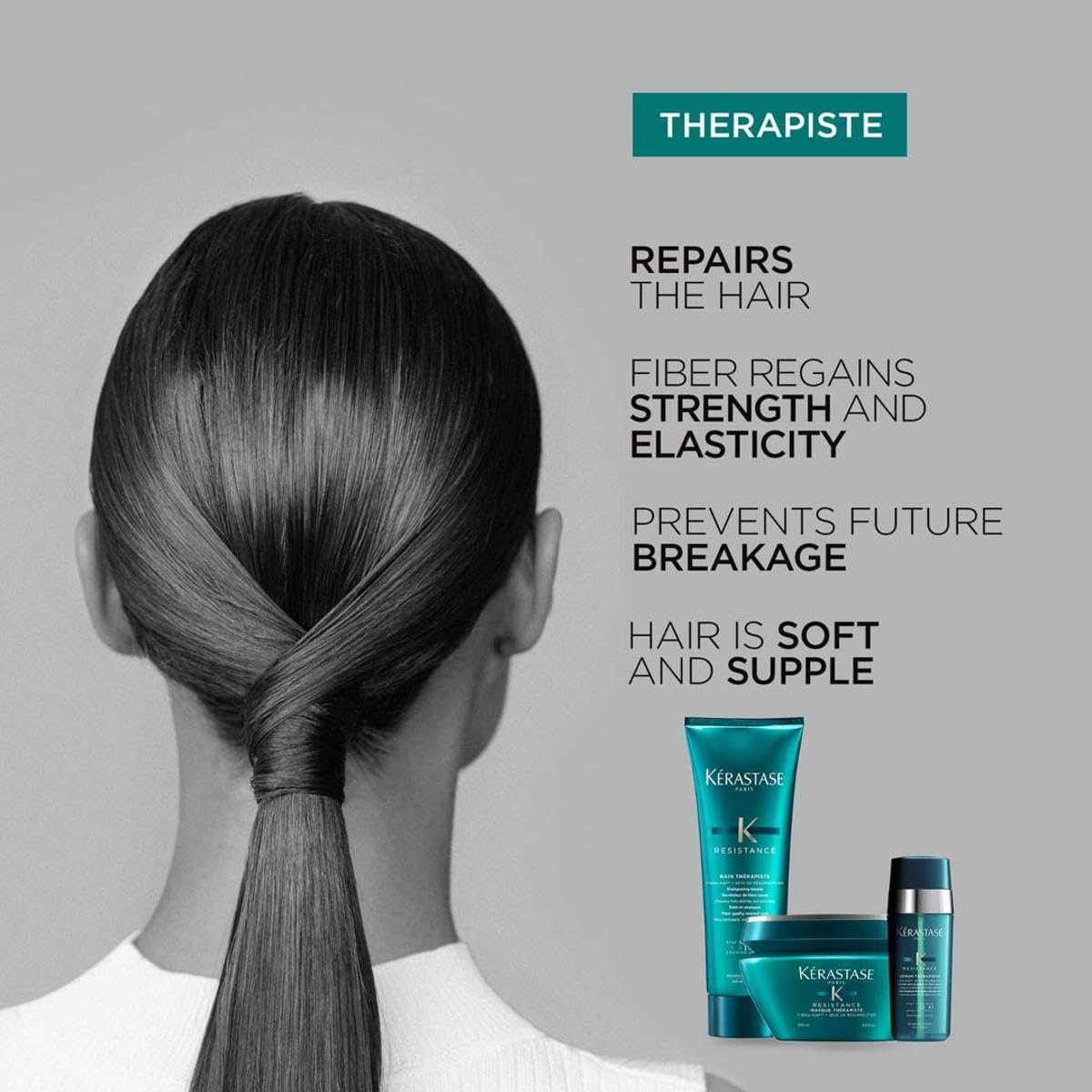 Kérastase Resistance hair mask alongside products promoting hair repair and elasticity for soft, supple hair
