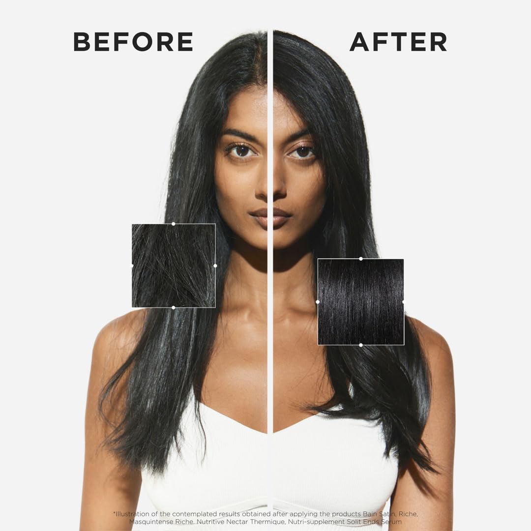 Before and after results using Kerastase scalp hydrating serum for improved hair hydration and shine