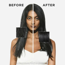 Split before-and-after portrait of a woman with long dark hair and scalp area