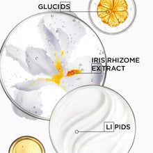 Scalp serum ingredient graphic with iris rhizome extract, glucids, and lipids