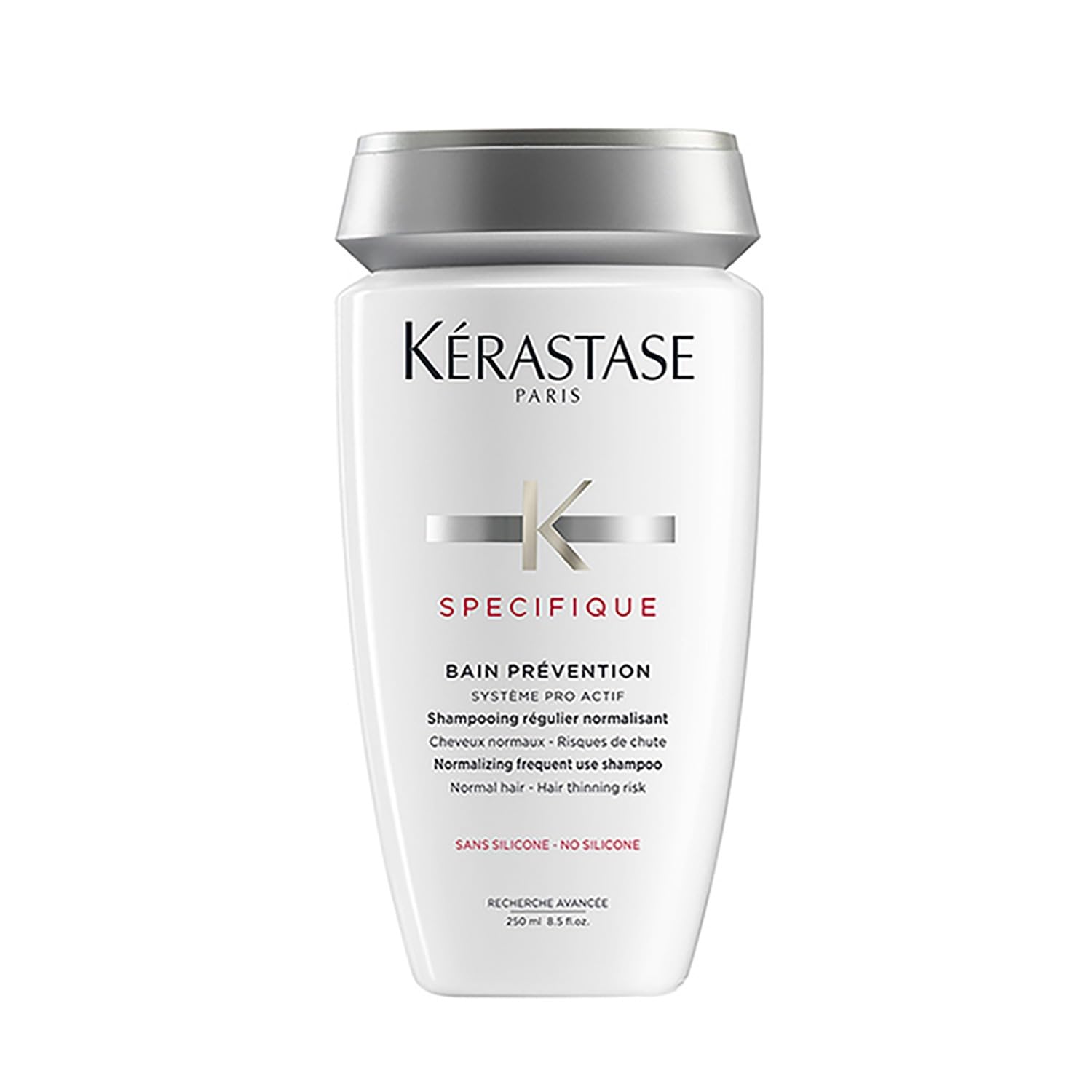 Kerastase bain prevention shampoo for fine hair in a sleek white bottle designed to reduce hair thinning