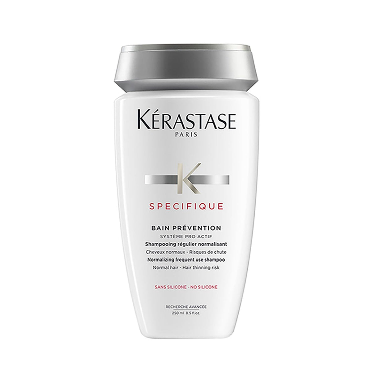 Kerastase bain prevention shampoo for fine hair in a sleek white bottle designed to reduce hair thinning