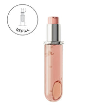 Refillable hair oil refill bottle with rose-pink liquid and silver pump top, refill icon