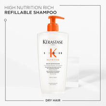 Refillable shampoo bottle with orange pump, white bottle for dry hair