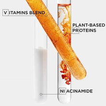 Shampoo bottle with orange pump and vitamins blend with plant proteins callouts