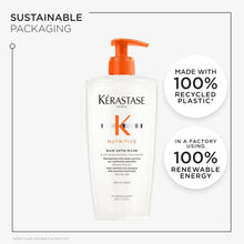 Shampoo bottle with orange pump and sustainable packaging badges