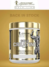 Gold creatine supplement tub with metallic lid and front label, net wt 300 g