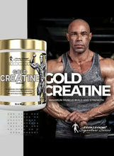 Gold creatine supplement tub next to bodybuilder promotional image