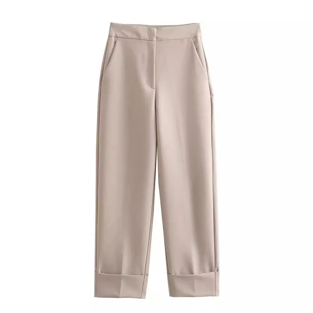 Khaki women's suit set trousers with a modern design and side pockets for stylish comfort