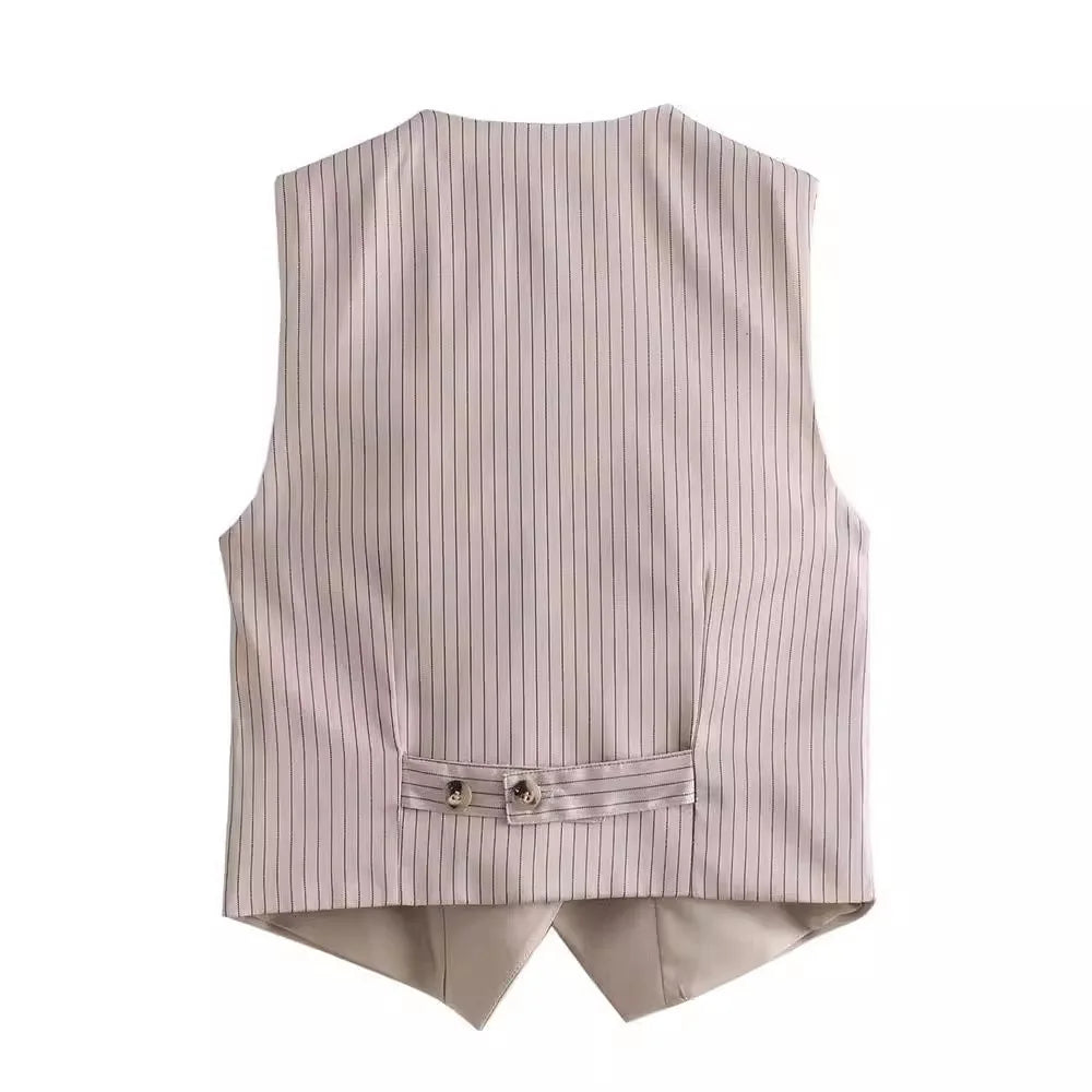 Back view of a khaki women's suit set featuring a tailored vest with pinstripe design