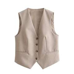Khaki women's suit set featuring a stylish sleeveless vest with button details and pockets