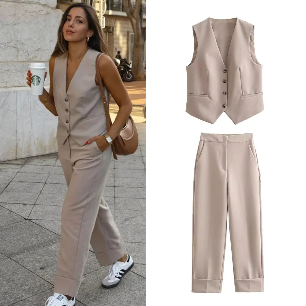 Khaki women's suit set featuring a sleeveless vest and tailored pants for stylish office wear