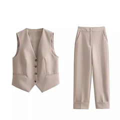 Khaki women's suit set featuring a sleeveless vest and tailored trousers for a chic look