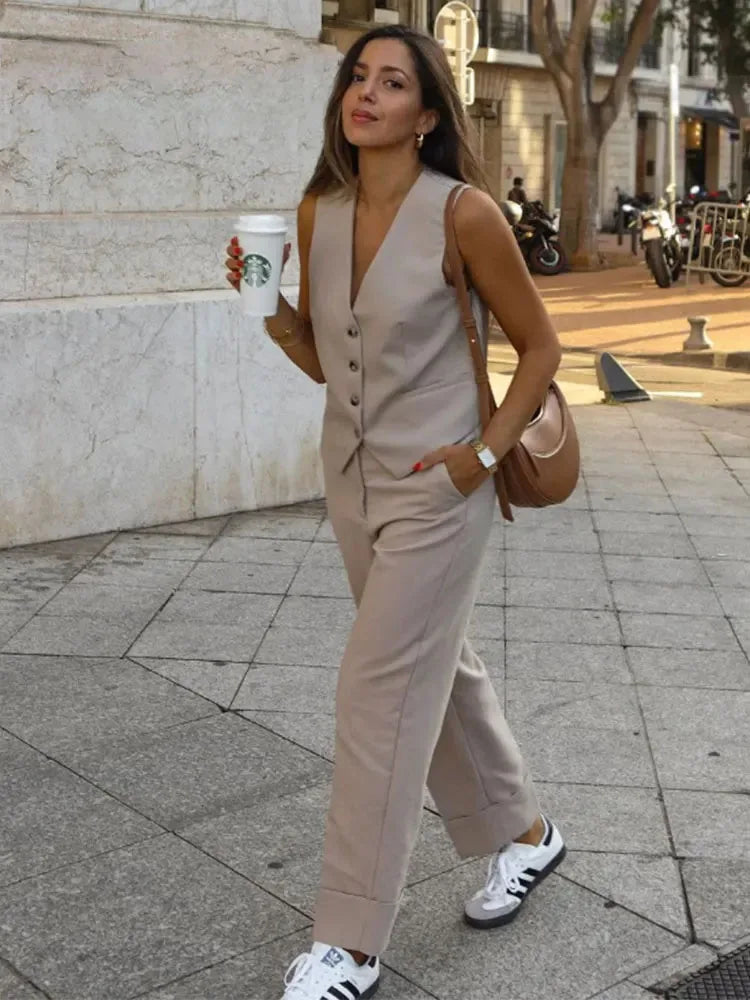 Stylish khaki women's suit set featuring a sleeveless vest and tailored pants, perfect for casual outings