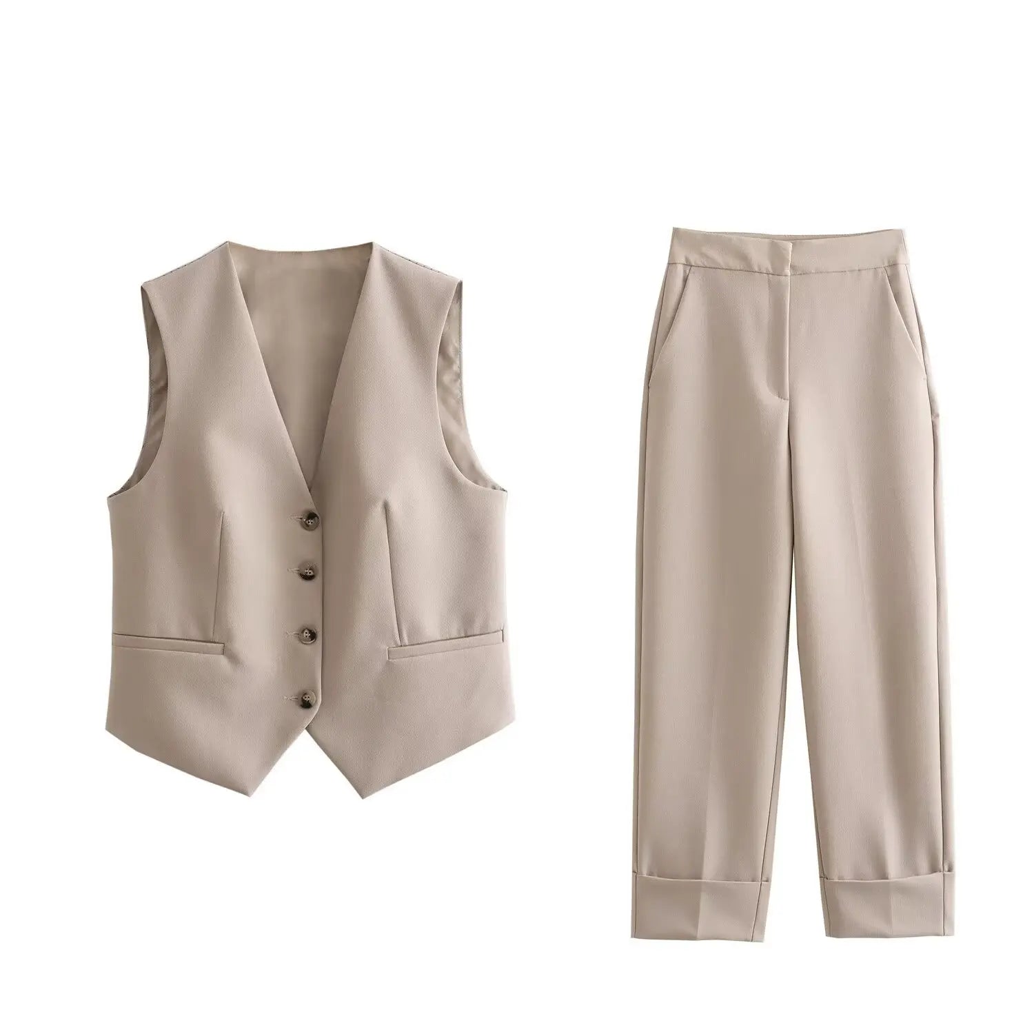 Khaki women's suit set featuring a vest with buttons and matching tailored trousers