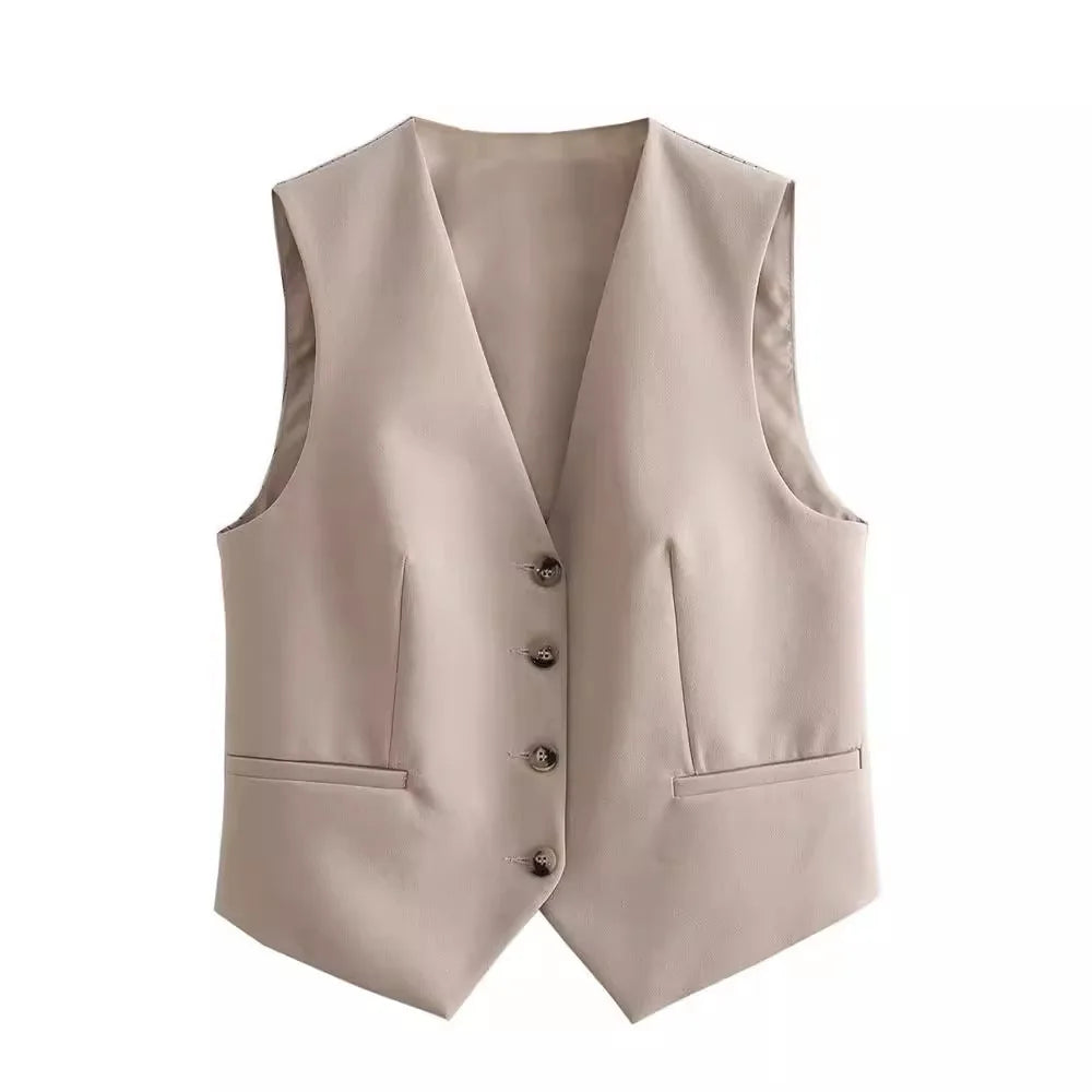 Khaki women's suit set sleeveless vest with button closure and front pockets for stylish layering