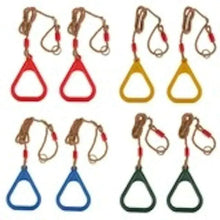 Trapeze swing with assorted handle colors: red, yellow, blue, and black with hooks