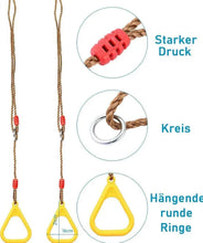 Kid trapeze swing with braided rope, red connector, metal ring, and yellow handle