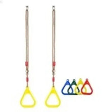 Kid trapeze swing with yellow handle, hanging ropes, and colorful ring set