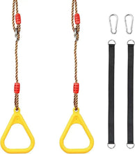 Trapeze swing set with yellow handles, braided ropes, and black strap loops with hooks