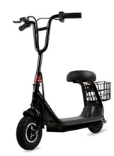 Black kids electric scooter with seat and front wire basket, angled side view