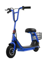 Blue kids electric scooter with seat and front wire basket, side view