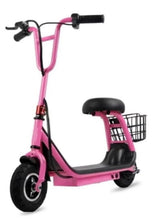 Pink kids electric scooter with seat and front wire basket, angled side view
