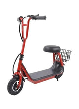 Red kids electric scooter with seat and front wire basket, front view