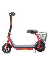 Red kids electric scooter with seat and front wire basket, side view