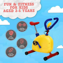 Kids aerobic stepper with yellow body, red seat pad, and blue handle supports