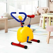 Kids aerobic stepper with yellow base, blue handlebars, and red seat