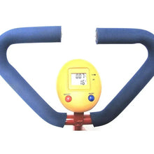 Fitness stepper console with screen and buttons on yellow panel