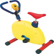 Kids aerobic stepper with yellow dome, red base pedals, and blue hand grips