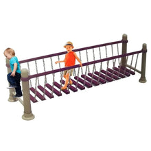Balance training walking bar with maroon rail, chains, and purple stepping boards; kids using