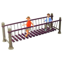 Balance training walking bar with maroon rail, chains, and purple stepping boards; children play