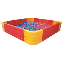 Square ball pit with multicolor panels and blue, red, and pink balls inside