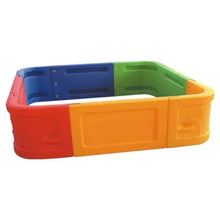 Square ball pit with red, blue, green, and yellow panels and front handle